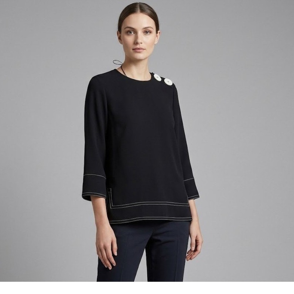 Zara Blouse Women XXS Black Excellent Contrast Stitch Shoulder Button Top